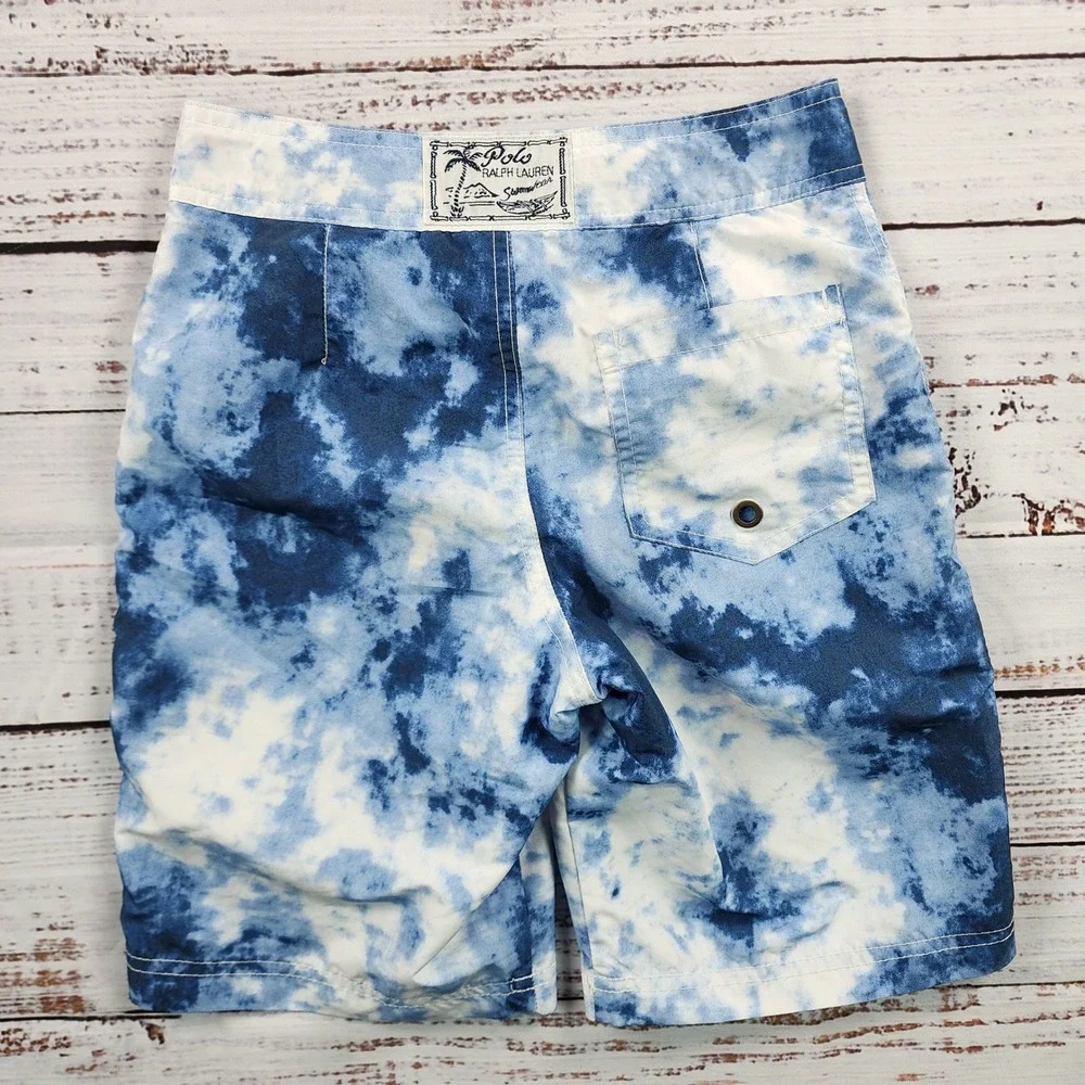 Polo Ralph Lauren Boys Blue Tie Dye Board Shorts Big Spellout Logo Size S 8